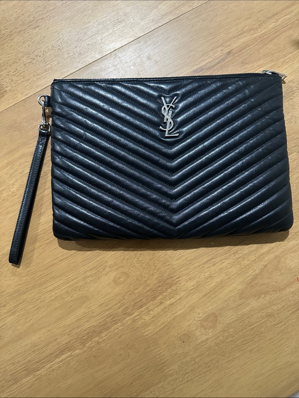 Saint Laurent Black Quilted Chevron Leather Wristlet Clutch with Silver YSL